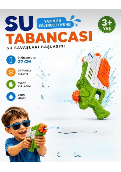 27 Cm Pompalı Büyük Su Tabancası - 600 Ml Su Kapasiteli Geniş Hazneli Yaz Oyuncağı Su Yeşil