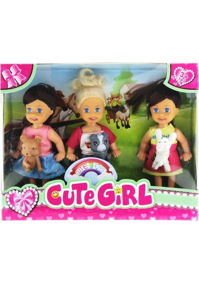 Cute Girl Mini Bebek Ve Evcil Hayvan Üçlü Set