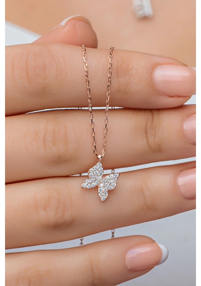 Nereze 925 Ayar Gümüş Rose Zirkon Taşlı Minik Kelebek Kolye