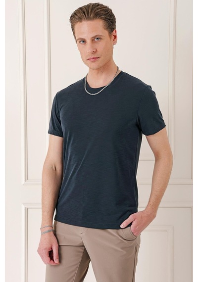 Efor Slim Fit Bisiklet Yaka Doku Desenli Pamuklu Siyah Tişört Ts 881 Siyah