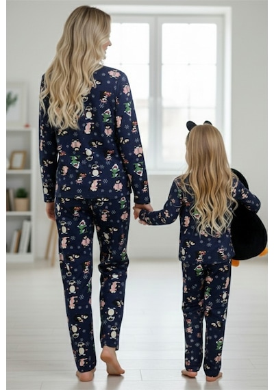 Siyah İnci %100 Pamuklu Puanlı Şeker Baston Desenli Yılbaşı Temalı Örme Pijama Takım Lacivert Penguen