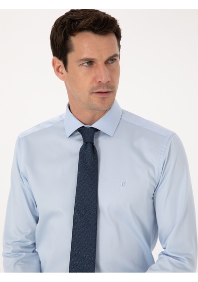 Cacharel Açık Mavi Slim Fit %100 Pamuk Yarım İtalyan Yaka Klasik Gömlek Denım