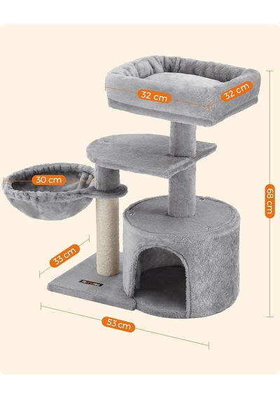 Ayrex Küçük Kedi Ağacı Tırmalama Direği Çok Katlı 68 Cm, Açık Gri