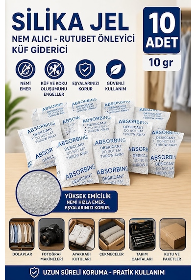 10 Adet - Silikajel, Nem Alıcı, 10 Gr, Silika Jel Rutubet Önleyici Küf Giderici Gel
