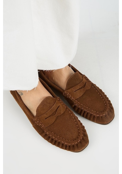 Manijero Tuubi Kadın Hakiki Deri Pileli Loafer Taba Ayakkabı