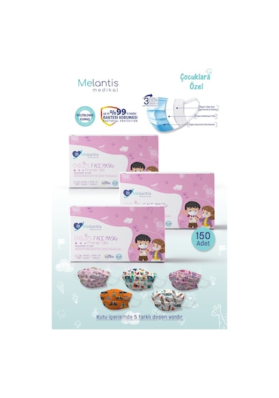 Melantis Medikal Meltblownlu 3 Katlı Telli Cerrahi Maskesi (50 x 3 Paket) 150 Adet Çok Renkli