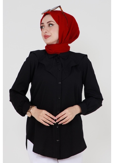 Sevitli Yakası Kat Detaylı Poplin Tunik-siyah-3518-siyah Siyah