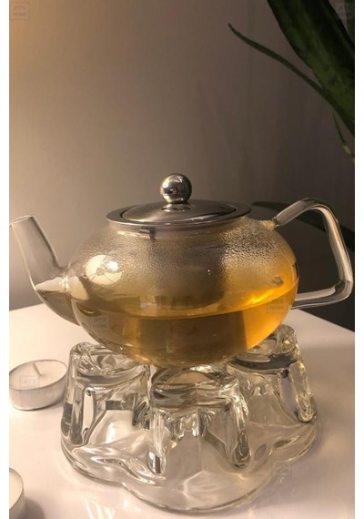 2 Li Set Cam Demlik Ve Cam Isıtıcı Süzgeçli Demlik 500 Ml Bitki Çayı Demliği Borasilikat Gri