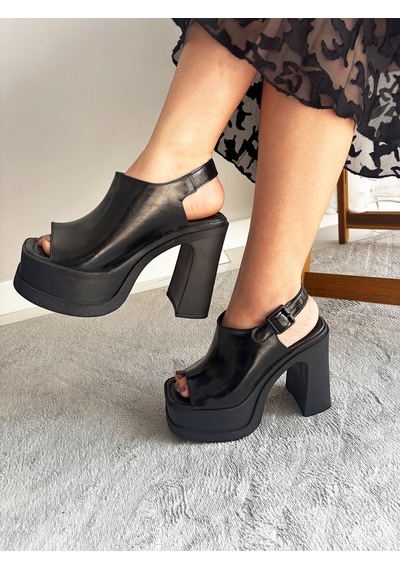 Asmi Shoes Kadın Veronica Siyah Rugan 12 Cm Önü Ve Arkası Açık Platform Topuklu Ayakkabı