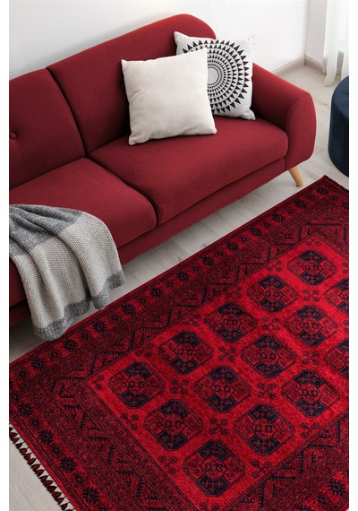Kırmızı Renkli Afgan Tarzı Altı Kaymaz Yıkanabilir Şönil Kilim-56
