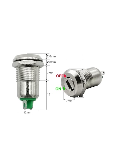 12mm Metal 2 Pin Anahtar Kontrollü Buton Panel Montaj On Off 1a Ac 250v Güvenlik Kilit Elektronik