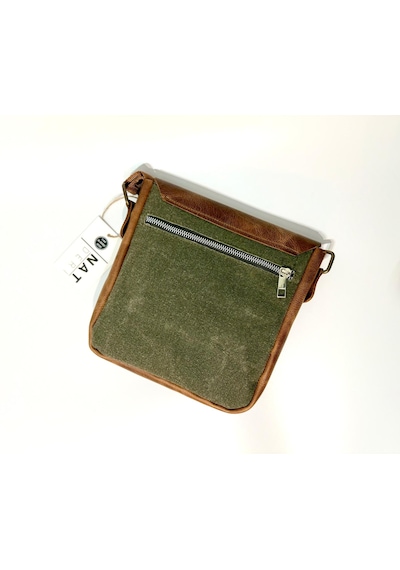 Natderi Hakiki Deri Kanvas Omuz Çantası Ayarlanabilir Askılı, Fermuarlı Arka Cepli, 20x21 Cm Haki - Taba - Kahverengi