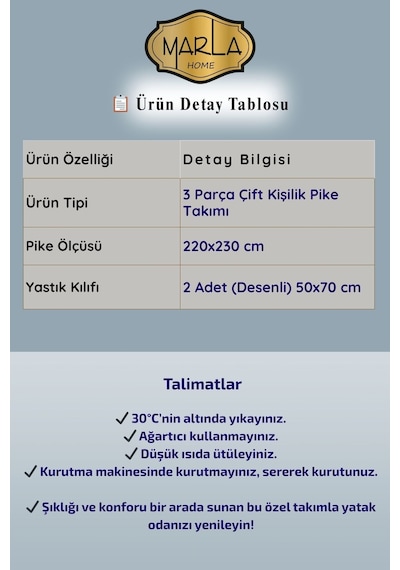 Çift Kişilik Pike Takımı Battal Boy 220x230 Cm Çok Amaçlı Yatak Örtüsü & Battaniye Mavi
