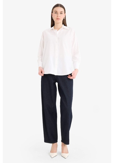 DeFacto Relax Fit Basic Düz Poplin Uzun Kollu Tesettür Gömlek Tunik E7977AX25SMWT34