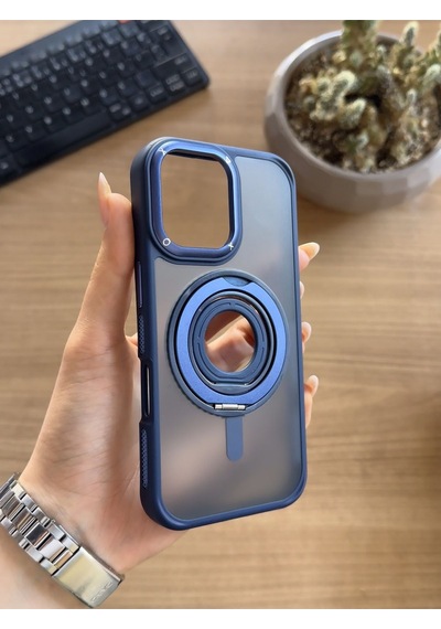 Apple Uyumlu iPhone 16 Standlı Ve Yüzüklü Magsafe Kılıf Soocase721 Lacivert