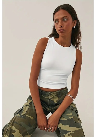 Tarz Cool Kadın Atlet Düz Basic Crop Kolsuz T-shirt Beyaz