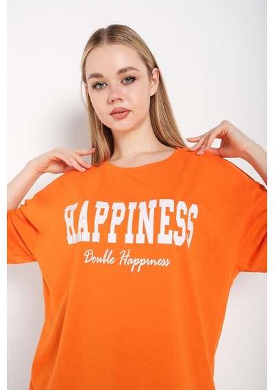 Flood Of Style Kadın Turuncu Happıness Baskılı Oversize Tshirt