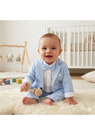 Baby Kids Colors Flamlı Keten Salaş Ceketli Takım Elbise/gömlek Pantolon Ceket Papyon Mavi