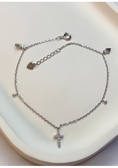 Kadın Taşlı Haç Detay Minimal Gümüş Halhal Silver