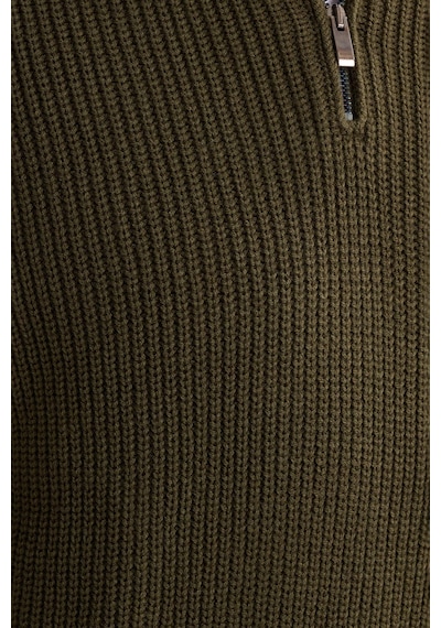 Tudors Erkek Slim Fit Dar Kesim Fermuarlı Haki Dik Yaka Triko Kazak-34923 Haki
