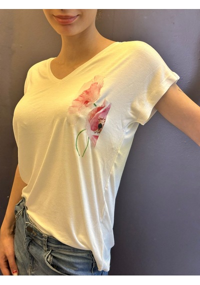 V Yaka Çiçek Desenli Kadın T-shirt Beyaz