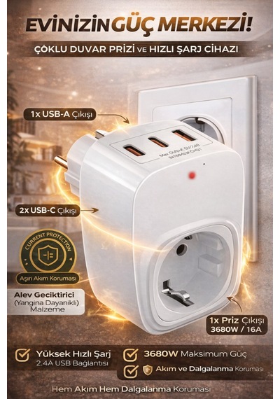 Akım Korumalı Çoklu Priz 1 Usb-a, 2 Usb-c 16a, 3680w, 2.4a Hızlı Şarj, Alev .