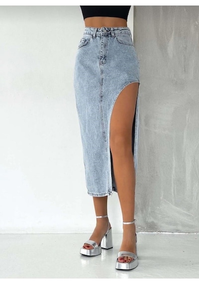 Pass&Pass 2094 Kadın Likrasız Yandan Yırtmaçlı Jeans Kot Denim Etek Beyaz