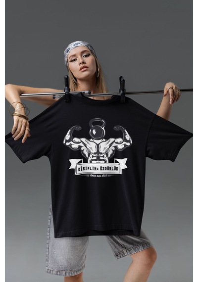Fitness Dijital Baskılı Unisex Tshirt, Günlük Kullanıma Uygun Pamuklu Regular Tshirt Siyah