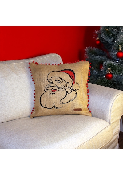 Püsküllü Jüt Kırlent Kılıfı 50 50 Noel Baba Desen