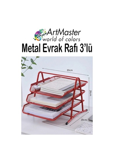 Kırmızı Metal Evrak Rafı 3 Lü 1 Paket Masaüstü A4 Dosya 3 Katlı Düzenleyici Kağıt Tepsisi Metal Fileli Hareketli Kırmızı