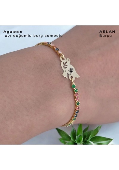 Archin  Aslan Burçlarına Kuş Motifli Renkli Taş Desenli 14 Ayar Altın Plakalı Hediye Bileklik-353burç Aslan