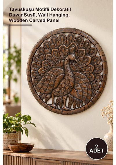 2 Adet Ahşap El Oyması Duvara Asmalı Pano Tavuskuşu Motifli Dekoratif Duvar Süsü, Wall Hanging, Wooden Carved Panel