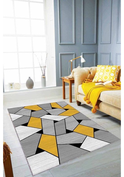 Sarı Geometrik Kaymaz Tabanlı Makinede Yıkanabilir Halı Wl02n11