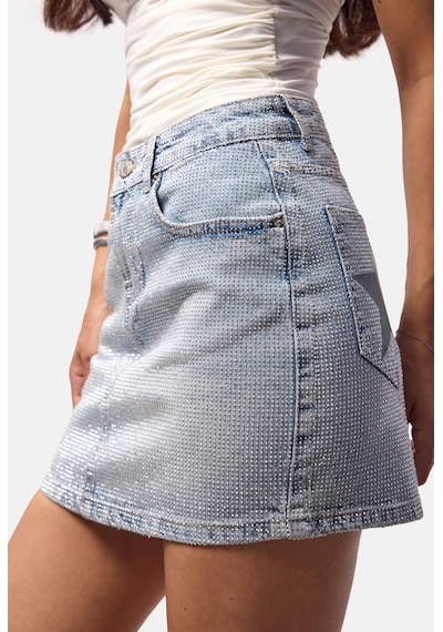 it's basic Kadın Ice T-4s6-3 Straight Mini Parlak Taşlı Tasarım Denim Etek Ice Rengi