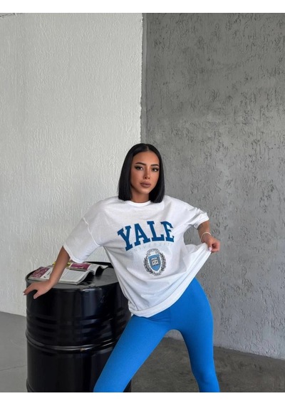 Kadın Kısa Kol Yazlık Tişört Bisiklet Yaka Yale Baskılı T-shirt - Beyaz