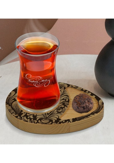 Kişiye Özel Retro Motif Tasarımlı Doğal Ahşap Tabaklı Heybeli Çay Bardağı Sunum Seti Model 6 Çok Renkli