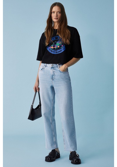 Ethıquet Ahrı Kadın Relaxed Fit Bisiklet Yaka Baskılı Siyah T-shirt