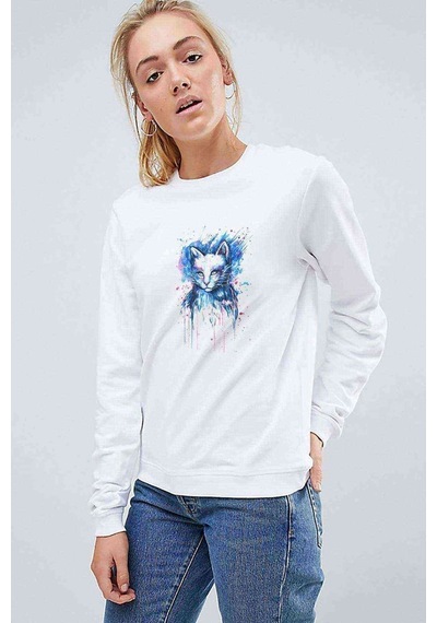 Watercolor Cat And Owl Baskılı Beyaz Kadın Sweatshirt