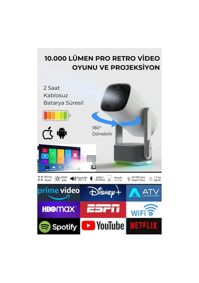 Taşınabilir Projeksiyon Ps5 X Box Bağlantılı Oyun Sinema Projektör Full Hd 4k Android Şarjlı Beyaz - 868153474
