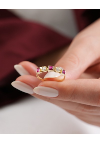Debora Jewelry 14 Ayar Altın Örüntü Model Pembe Ve Beyaz Taşlı Yüzük