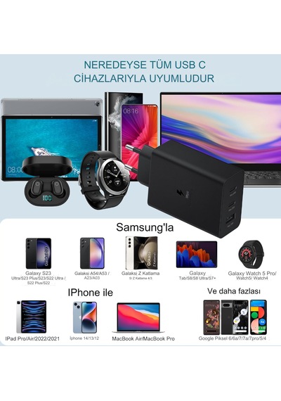 65w 2 Pd+ Qc3.0 3 Bağlantı Noktalı Usb-c Duvar Şarj Cihazı Süper