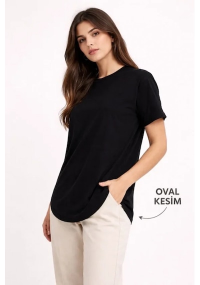 Efnaz Style Basic T-shirt Kısa Kol Bisiklet Yaka Oval Kesim Tişört - Siyah