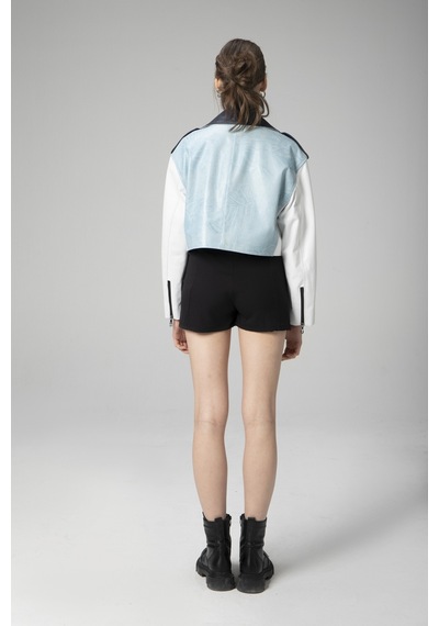 Dericlub H.quınn Crop Biker Kadın Deri Mont Mavi