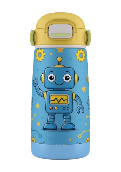 Puccon 420 Ml Mavi Robot Desenli Erkek Çocuk Paslanmaz Çelik Matara Suluk - 60009 Mavi - Sarı