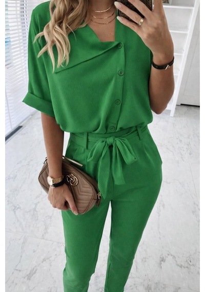 Veraura Lifestyle Kadın Kısa Kollu Yakalı Önden Düğmeli Bürümcük Bluz Ve Pantolon Ikili Takım Yeşil