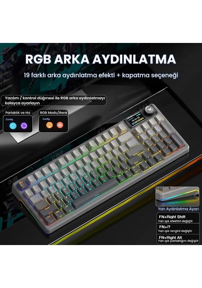F98 Pro V3 Oled Ekranlı Crystal Switch Makrolu Kablosuz Rgb Hot-swap Gasket Pre-lubed Switch Mekanik Klavye Gradyan Gri