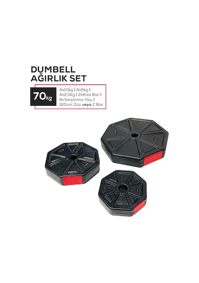 Tan Spor 70 KG Dambıl Halter Ağırlık Full Kısa + Düz + Z Bar Set Kırmızı Kapaklı