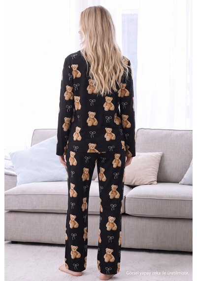 Siyah İnci Siyah Ayıcık Desenli Termal Kumaşlı Ultra Soft Yumuşak Düğmeli Örme Pijama Takımı 26226128