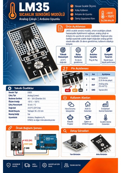 Lm35 Sıcaklık Sensörü Modülü - Analog Çıkışlı, Arduino Uyumlu
