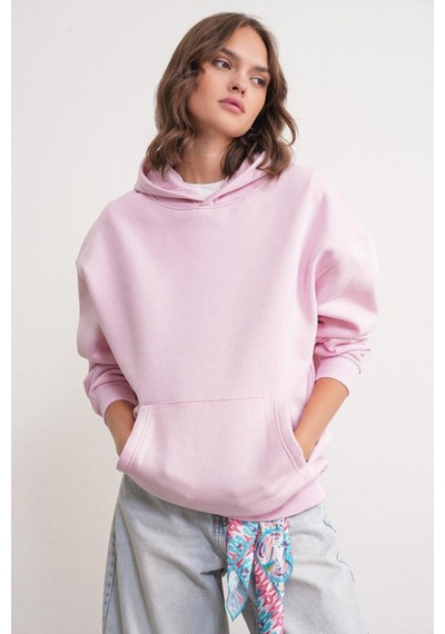Mixray 2022 Unisex 3iplik Basic Polarlı Kapüşonlu Sweatshirt Hoodie Pembe